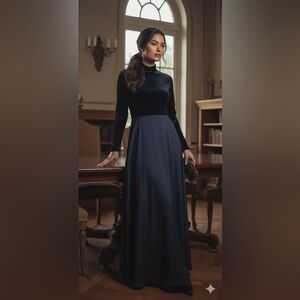 ISABELLA BIRD Vintage Navy Long Sleeve Mock neck Velvet / 💯 SILK Skirt Dress 6